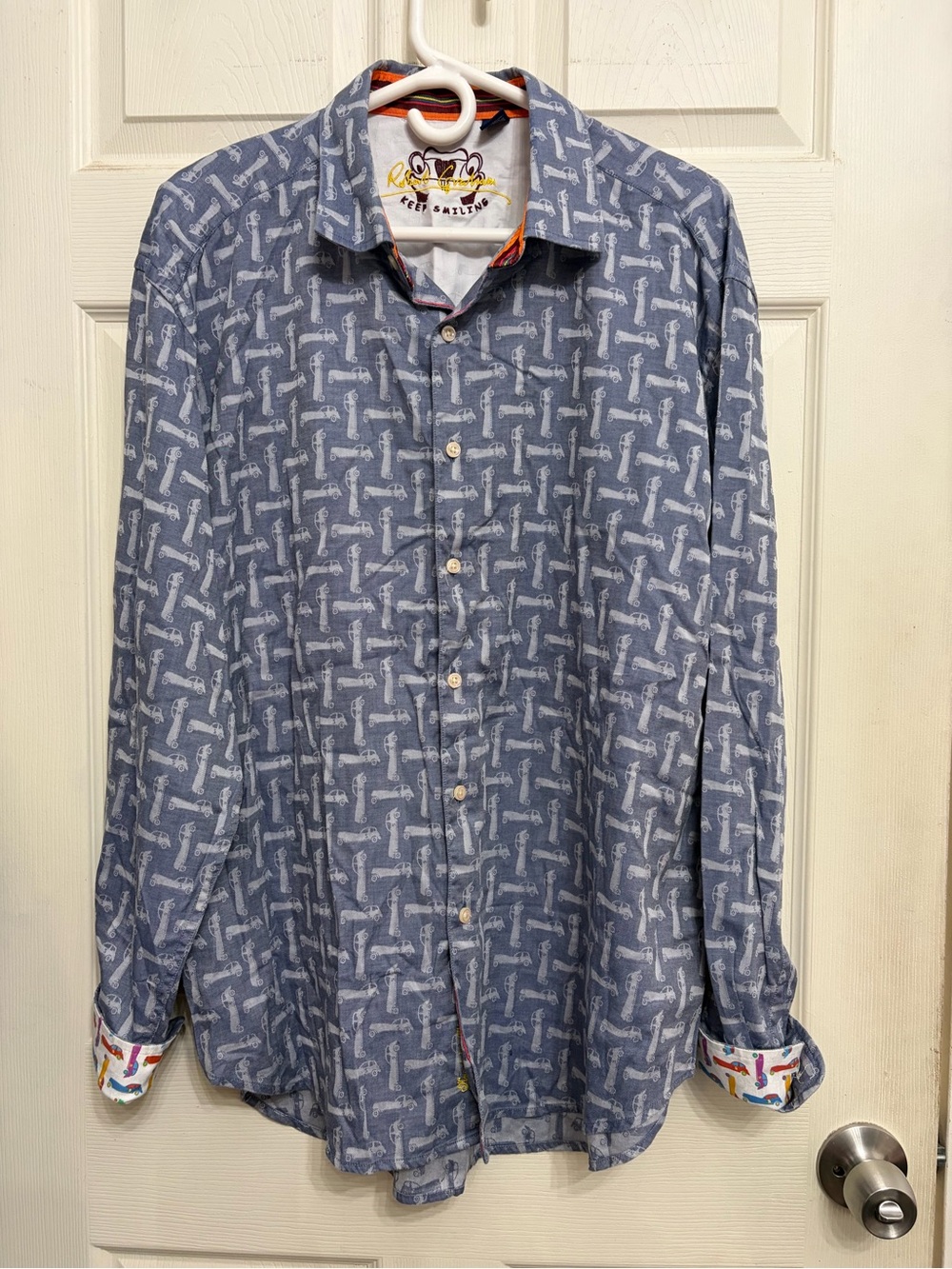 Robert Graham Men's Blue cars Patterned Long-Sleeve Button-Up Shirt size 2XL - Picture 8 of 8